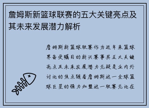 詹姆斯新篮球联赛的五大关键亮点及其未来发展潜力解析