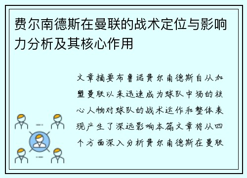 费尔南德斯在曼联的战术定位与影响力分析及其核心作用