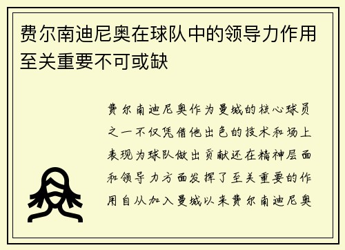 费尔南迪尼奥在球队中的领导力作用至关重要不可或缺