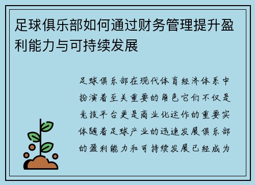 足球俱乐部如何通过财务管理提升盈利能力与可持续发展