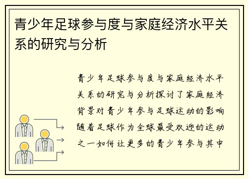 青少年足球参与度与家庭经济水平关系的研究与分析
