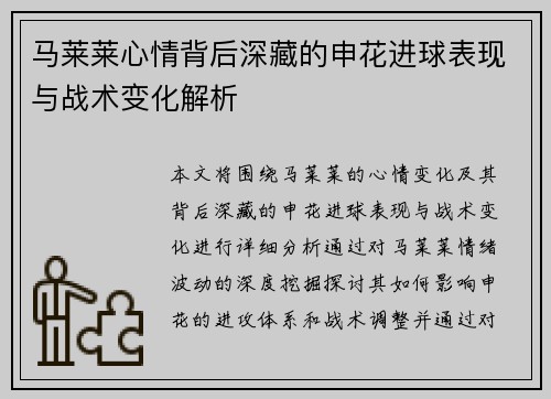 马莱莱心情背后深藏的申花进球表现与战术变化解析
