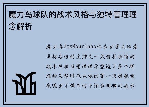 魔力鸟球队的战术风格与独特管理理念解析